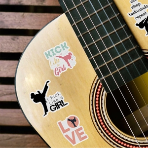 Close-up of waterproof Taekwondo stickers on an acoustic guitar with athletic motifs