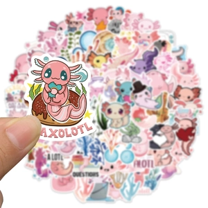 Close-up of waterproof pink axolotl sticker with a donut held in hand for DIY decor