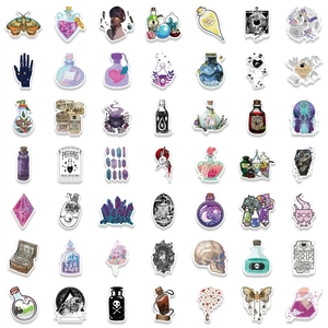 Macro view of 50pcs waterproof gothic potion stickers for luggage and guitar DIY