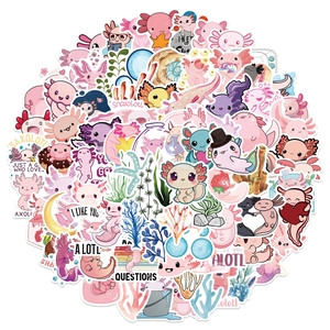 Set of 100 cute pink cartoon axolotl waterproof stickers for laptops and guitars