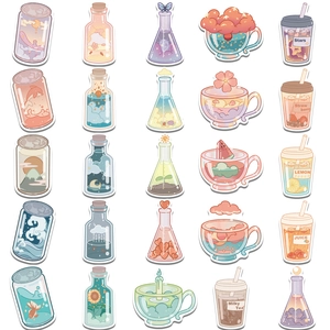 Variety of waterproof aesthetic PVC stickers with fantasy liquid designs and bottles