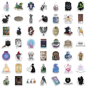 Detailed grid of 49 dark apothecary-style waterproof stickers with witchy hand-drawn designs