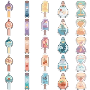 Macro detail of waterproof aesthetic beverage cup stickers in assorted creative designs