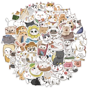 Detailed view of varied waterproof cartoon cat stickers for luggage and journals