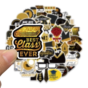 52 Graduation themed waterproof stickers with gold glitter finish for laptops and luggage