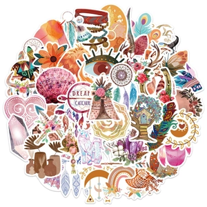 Bohemian style waterproof stickers featuring dreamcatchers feathers and crystal clusters