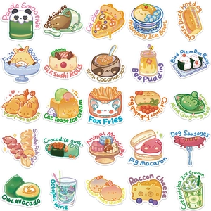 Detailed flat lay of 25 unique cartoon animal and food fusion waterproof stickers