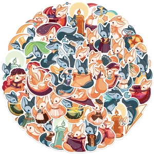Set of 50 cute cartoon fox stickers for DIY laptop and suitcase waterproof decoration