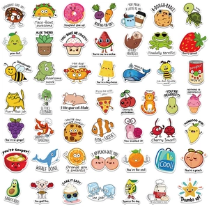 Cartoon Food Animal Reward Stickers For Kids Laptop Luggage Notebook Waterproof English Puns Decals Personalized Decorative Labels