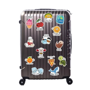 Waterproof pun reward stickers with cute food and animal icons on a suitcase