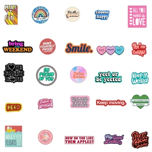 Detailed grid layout of 25 colorful waterproof vinyl stickers with inspirational quotes