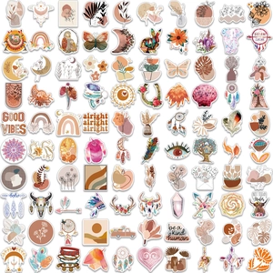 100pcs Bohemian Morandi stickers with rainbow and floral patterns for laptop decor