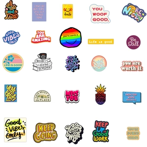 Detail of 25 unique waterproof vinyl motivational stickers with rainbows and pineapples