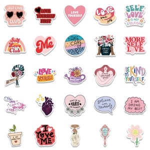 Set of 50 self-love stickers for laptops and luggage with pink positive quote designs