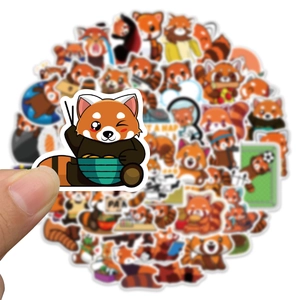 Close-up of cute red panda sticker eating ramen with blurred background