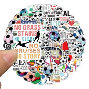 Detail of waterproof soccer graffiti stickers with sports slogans and athlete silhouettes