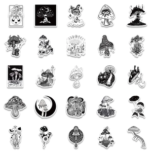 50pcs gothic black and white mushroom stickers set for laptop and luggage decor