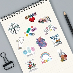 Colorful medical stickers with nurse life and pharmacy tech themes on a notebook