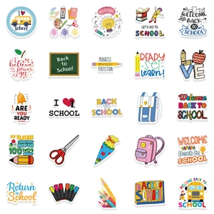 Set of 50 waterproof Back to School stickers featuring school buses and school supplies