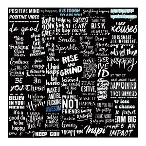 Waterproof motivational black vinyl stickers set with white lettering for laptops and luggage