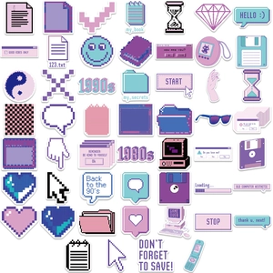 53-piece purple pixel art sticker set featuring retro computer and vaporwave designs