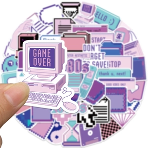53pcs purple pixel art stickers for laptops, vaporwave aesthetic waterproof decals
