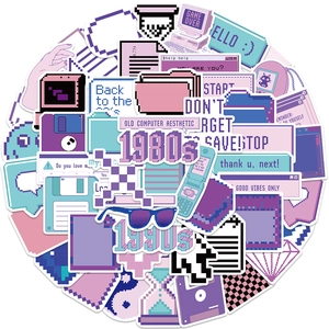 53-piece purple pixel art vaporwave stickers for laptops and guitar decoration