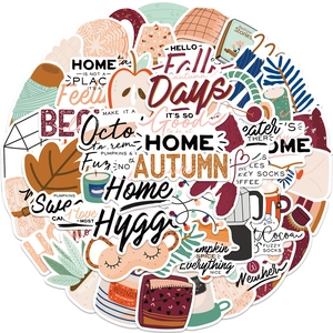50pcs waterproof autumn hygge stickers featuring warm cozy leaves and coffee designs