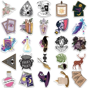 Lot de 25 autocollants de sorcière magique avec cartes de tarot et potions pour bagages