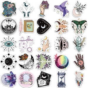 Lot de 50 autocollants de sorcière imperméables avec motifs tarot et lune pour ordinateurs