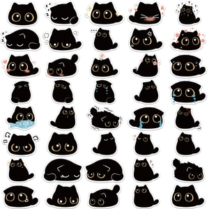 Set of 35 cartoon black cat stickers with expressive yellow eyes for DIY decor