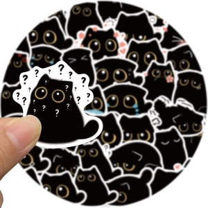 Waterproof cartoon black cat sticker set featuring various expressions for DIY journals