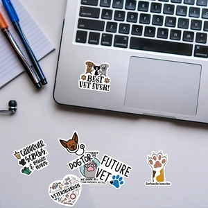 Dettaglio degli adesivi a tema veterinario con citazioni Best Vet Ever e Dogtor su laptop