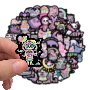 Detail of dark gothic pastel waterproof vinyl stickers featuring a skeleton with a hoodie