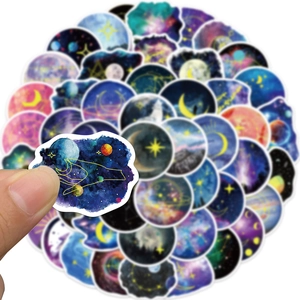 Detailed view of waterproof moonlight planet stickers with vibrant cosmic nebula designs