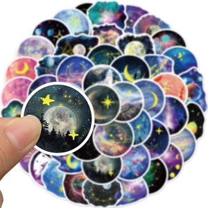 Set of 50 waterproof moonlight planet stickers with colorful watercolor galaxy designs
