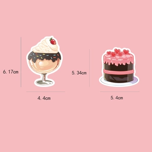 Detailed view of hand-drawn waterproof food stickers showing ice cream and cake dimensions