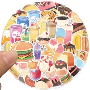 Hand holding a hamburger sticker from a set of waterproof cartoon food and drink decals