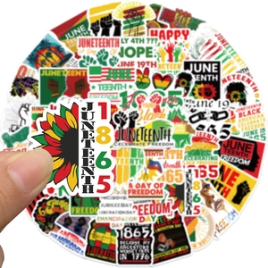 Close-up of waterproof Juneteenth vinyl stickers with sunflower and 1865 liberation design