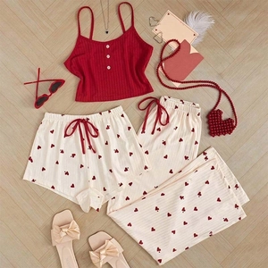 Damen Herz-Druck Pyjama Cami Top Mit Shorts Und Langer Hose Weich Atmungsaktiv Home Wear Schlafanzug Komfort Lounge Kleidung
