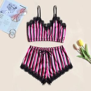 Women Sexy Satin Striped Camisole And Lace Trim Shorts Two Lingerie Sleepwear Purple Home Pajama Nightwear