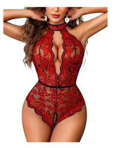 Detailed view of red lace bodysuit featuring floral embroidery and backless halter design