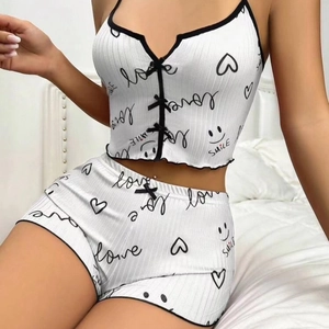 Ensemble de Pyjama Cami Nervuré pour Femmes Imprimé Cœur Lèvres Papillon Top And Bottom Home Wear Mince Sans Manches