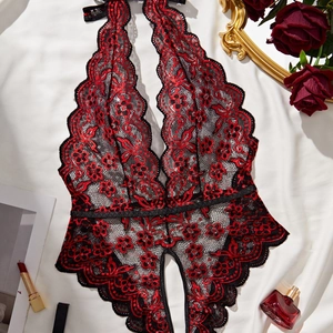 Women Sexy Deep V Floral Lace Bodysuit Halter Backless Teddy Lingerie Jumpsuit Hollow Out Nightwear Nightie For Dating