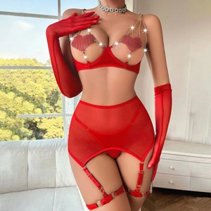 Set lingerie sexy in rete rossa con strass a cuore, catene e guanti lunghi