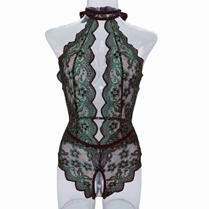 Sexy deep V neck lace bodysuit in dark green floral pattern with mesh hollow out design