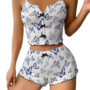 Ensemble de pyjama côtelé pour femme avec imprimé papillon bleu et bords ondulés
