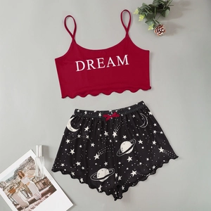 Ensemble pyjama femme caraco bordeaux 'DREAM' et short imprimé céleste deux pièces
