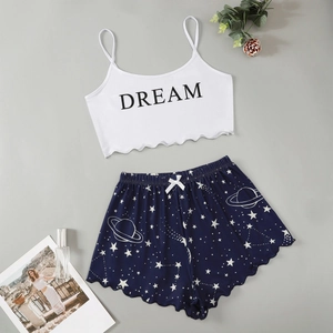 Ensemble Pyjama Décontracté pour Femmes Caraco et Short Dream Lettre Étoile Lune Imprimé Bordure Ondulée