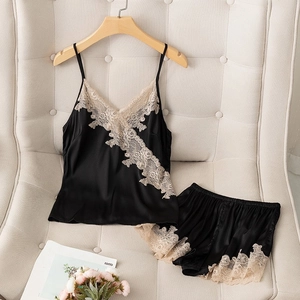Women's Satin Pajama Cami Top And Shorts Loungewear Elegant Lace Trim V Neck Sleepwear Sexy Satin Nightwear Home Clothes